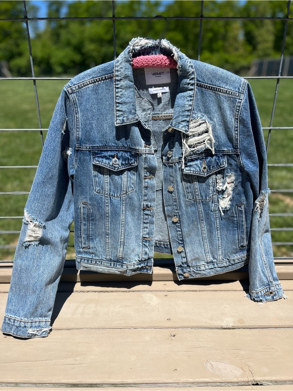 VERVET BY FLYING MONKEY Light Blue Distressed Cropped Denim Jacket